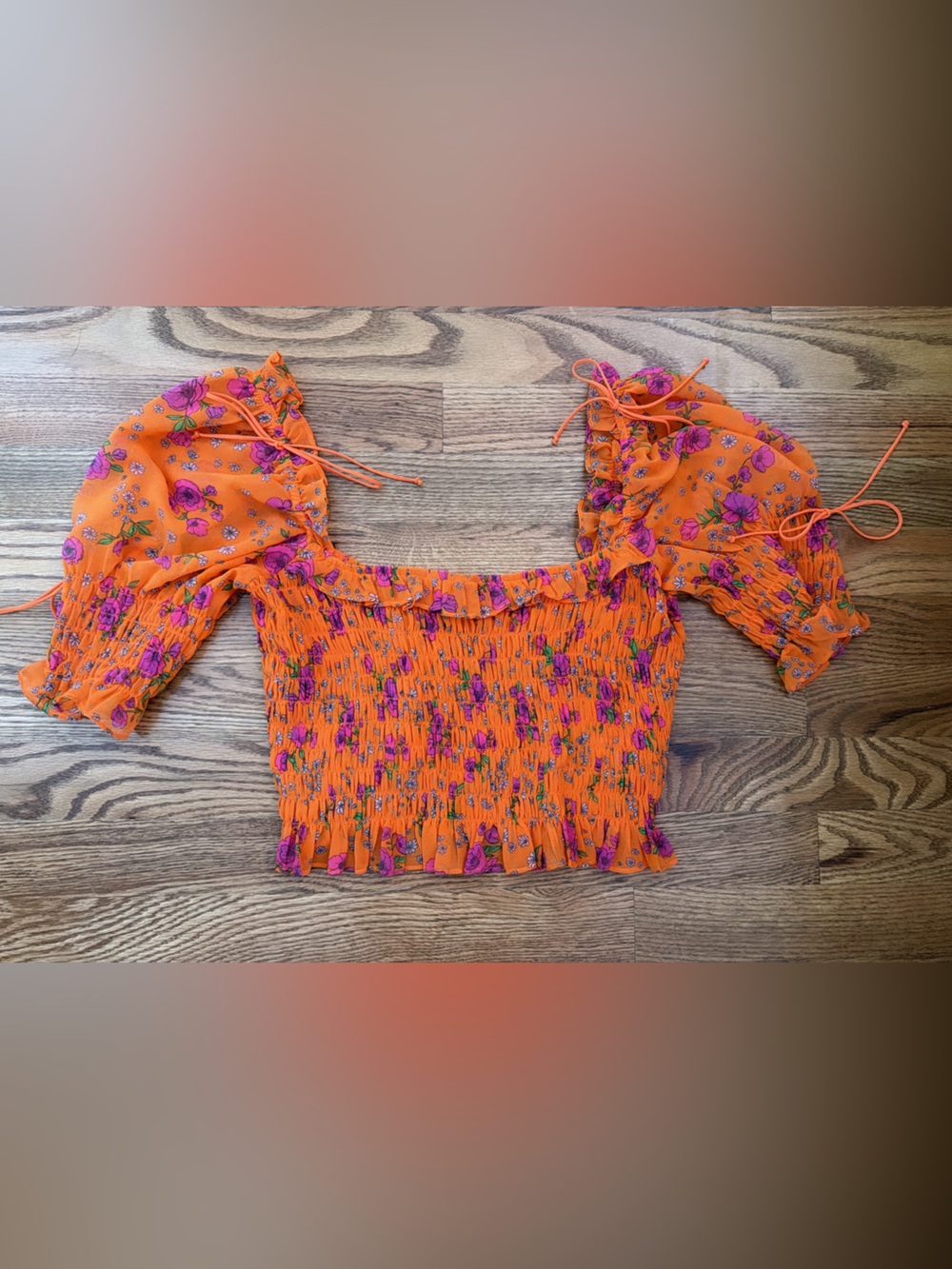 For Love & Lemons Orange Floral Smocked Crop Top with Pink Flowers